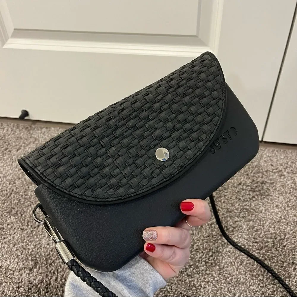 JU’STO Modular Black Woven crossbody flap bag